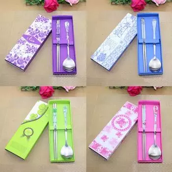 Элегантный нескользящий дизайн в китайском стиле, палочки для еды из нержавеющей стали, подарочный набор ложки синий