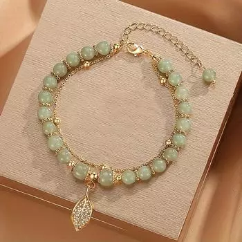 Элегантный новый женский браслет из нефрита в китайском стиле - многослойная цепочка из бисера и кристаллов с позолотой и подвеской в виде лотоса