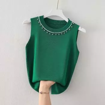 Элегантный облегающий трикотажный повседневный базовый топ, женский летний новый круглый вырез, отделанный бисером, женский безрукавный жилет, простой милый модный женский топ 26237 One Size чёрный