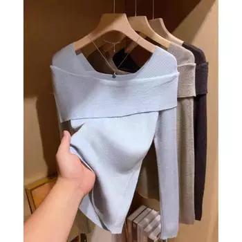 Элегантный однотонный длинный рукав вязаный свитер новая модная нижняя рубашка для женщин ранняя осень внутренний пуловер повседневная базовая одежда 2583 One Size синий