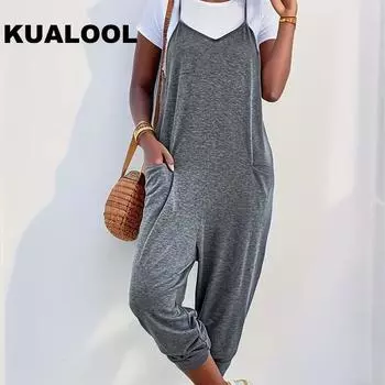 Элегантный однотонный комбинезон с бретелькой на шее и карманами для женщин, трикотаж из полиэстера, микроэластичный материал, доступно несколько цветов S чёрный