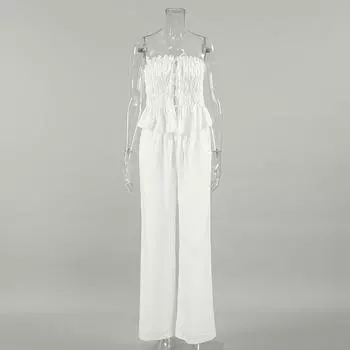 Элегантный однотонный комплект из двух предметов из хлопка и льна, женский сексуальный укороченный топ + широкие брюки, женский комплект из 2 предметов S белый