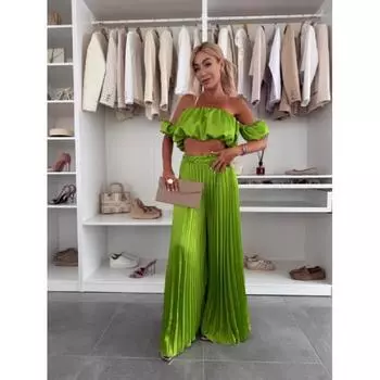 Элегантный однотонный комплект из жилета с длинным рукавом и плиссированных брюк для лета, новинка для женщин, модный и стильный наряд S зелёный