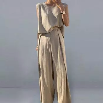 Элегантный однотонный повседневный комплект из 2 шт./компл., мягкий женский жилет с глубоким промежностью, комплект брюк, женская одежда, майка, брюки L хаки