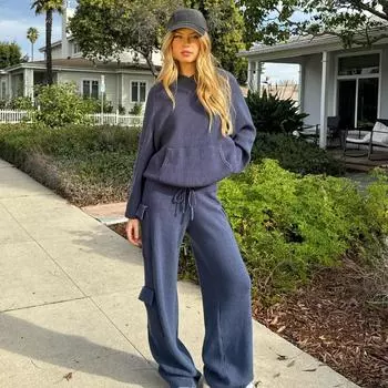 Элегантный однотонный трикотажный свитер с капюшоном и штаны, женский свободный пуловер с длинным рукавом, прямой брючный женский костюм, осенне-зимний женский комплект S темно-синий
