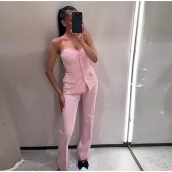 Элегантный однотонный жилет, брюки, женский наряд, сексуальный однобортный топ с карманами, свободные брюки на молнии, летний женский наряд XS