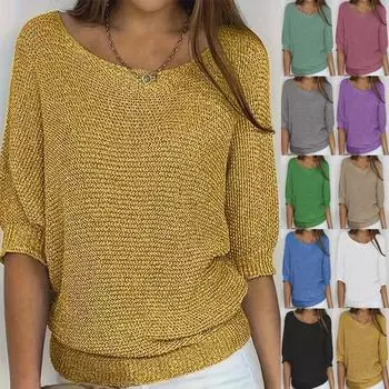 Элегантный осенний женский однотонный свитер с круглым вырезом и рукавами три четверти XL