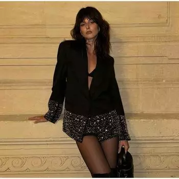 Элегантный пиджак со стразами для женщин, однотонный пиджак с длинным рукавом и лацканами, блестящая блестящая праздничная одежда 2025 года, женская верхняя одежда для поездок на работу S чёрный