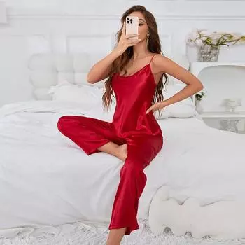 Элегантный пижамный комплект из цельного шелка для женщин, свободный топ с U-образным вырезом, эластичная талия, прямые брюки, дышащий комплект одежды для сна, летний мягкий домашний комплект S красный