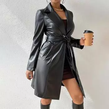 Элегантный плащ из искусственной кожи для женщин, модная куртка средней длины со шнуровкой и лацканами, осенняя новая женская верхняя одежда для темперамента S розы красного