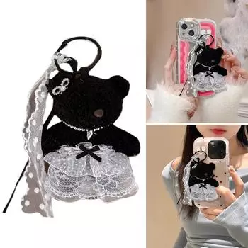 Элегантный плюшевый мишка брелок для ключей подвеска в виде мягкого пушистого животного для рюкзаков и сумок модный аксессуар украшение 1 чёрный