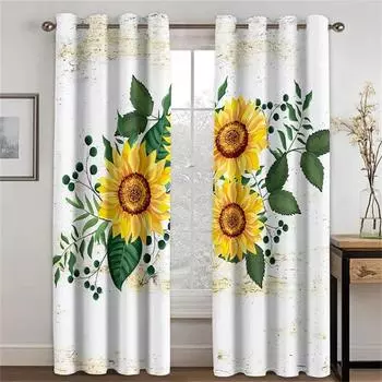 Элегантный Подсолнух Цветок Желтый Цветочный Ретро Светофильтрующие Шторы Оконные Шторы Для Гостиной Спальни 2 Части Декор 100W160H(CM)40x63in&Hook