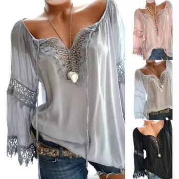 Элегантный полый кружевной шить однотонный женский топ с длинным рукавом XXXXXL чёрный