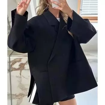 Элегантный повседневный офисный пиджак с лацканами для женщин с длинным рукавом, подплечники, пиджак, осенняя мода, карман на пуговицах, пальто S чёрный