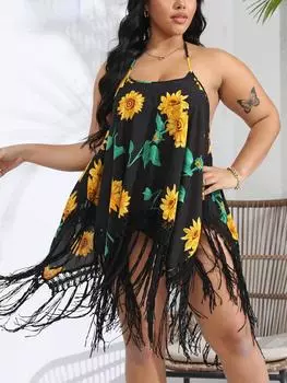 Элегантный повседневный свободный топ больших размеров с принтом и кисточками, женский летний шикарный натуральный нерегулярный лоскутный топ, женский дизайнерский топ с открытыми плечами, одежда без рукавов one size чёрный