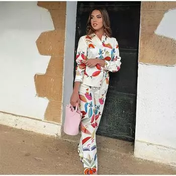 Элегантный принт длинные брюки женские комплекты лацкан однобортная рубашка свободные широкие брюки костюм весенний женский наряд XS