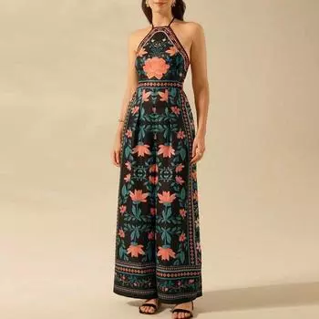Элегантный принт на шнуровке комбинезон женский халтер без рукавов праздничный комбинезон с высокой талией 2025 модный летний комбинезон с открытой спиной S
