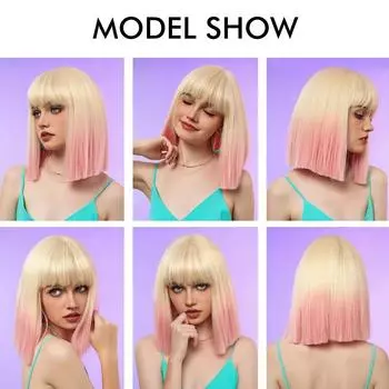 Элегантный прямой парик «боб» розового цвета с эффектом омбре для женщин, термостойкие синтетические волосы, короткий парик для косплея с пробором посередине, регулируемая шапочка из сетки в виде розы 15.5inch