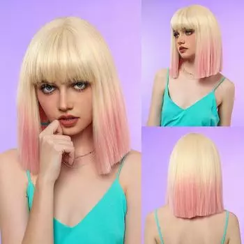 Элегантный прямой парик Ombre Pink Bob для женщин, термостойкие синтетические волосы, регулируемая шапочка Rose Net, один размер подходит всем 14inch