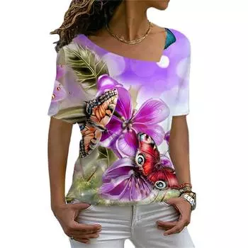 Элегантный пуловер, женская футболка с принтом бабочки, модный тренд, тонкий легкий косой воротник, белая женская одежда с короткими рукавами для отдыха XS