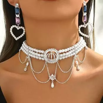 Элегантный ретро многослойный жемчужный венец Fuax с цветными стразами, цепочка с каплями воды, гигантское ожерелье с любовью, серьги, женские украшения, банкет, свадьба, подарок для возлюбленной Earrings