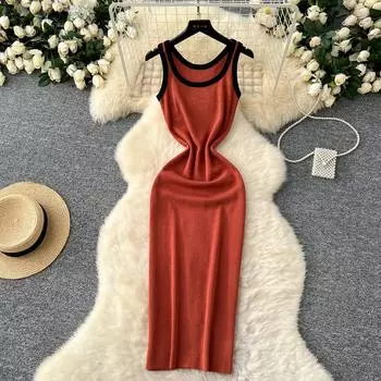 Элегантный сексуальный квадратный воротник без рукавов шикарный пэчворк винтажный трикотажные тонкие длинные платья корейский High Street женская эластичная одежда One Size серый