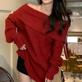 Элегантный сексуальный свитер с вырезом-лодочкой для женщин, осень-зима, свободные вязаные джемперы, топы, офисные женские модные повседневные милые свитера, одежда 30987 One Size белый