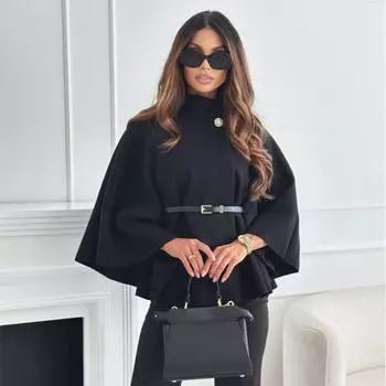 Элегантный шерстяной плащ-накидка для женщин, элегантный воротник-стойка, рукава «летучая мышь», тонкая женская куртка 2024 года, осень-зима, женская уличная одежда S чёрный