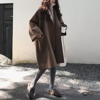 Элегантный шерстяной плащ, зимний женский винтажный ветровка, куртка средней длины, свободный отложной воротник, большие размеры 4XL, кардиган S чёрный