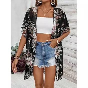 Элегантный шифоновый кардиган-кимоно с цветочным принтом - Легкий, Прозрачный черный с ярким цветочным принтом, Короткий рукав, Открытый спереди, Кардиган в стиле кимоно S чёрный