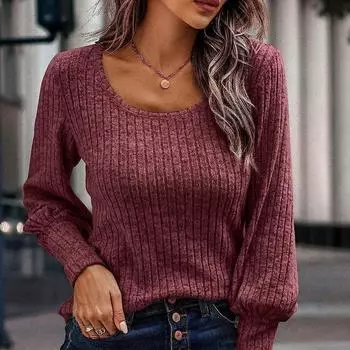 Элегантный шикарный женский топ весна/осень, удобный, с круглым вырезом, длинным рукавом, однотонный, простой в уходе, пуловер S винный