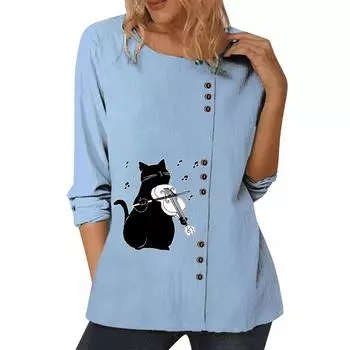 Элегантный синий хлопковый топ для женщин с индивидуальными принтами, круглым вырезом, длинными рукавами и пуговицами, размеры S-5XL S