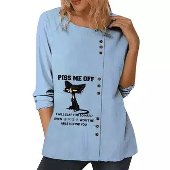 Элегантный синий хлопковый топ для женщин с индивидуальными принтами, круглым вырезом, длинными рукавами и пуговицами, размеры S-5XL S