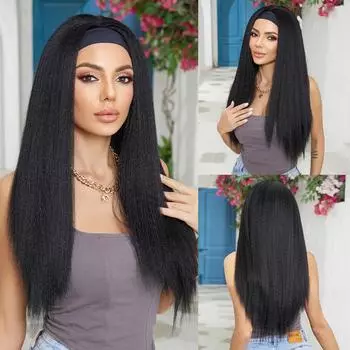 Элегантный синтетический парик с повязкой на голову, длинные волнистые вьющиеся черные прямые парики с повязками на голову для женщин и девочек, термостойкие