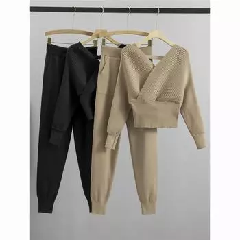 Элегантный спортивный костюм, сексуальный комплект из двух предметов, женский ребристый трикотажный костюм с открытой спиной, длинные шаровары, осенние наряды Y2k One Size бежевый
