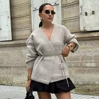 Элегантный стильный вязаный кардиган на шнуровке, женский свободный свитер с V-образным вырезом и длинными рукавами, повседневная однотонная верхняя одежда на осень и зиму S хаки