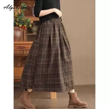 Элегантный стиль осень-зима женская миди юбка А-силуэта с эластичной талией коричнево-серая шерстяная юбка винтажная клетчатая шерстяная теплая юбка ONE SIZE
