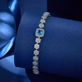 Элегантный сверкающий дизайн теннисный браслет с родиевым покрытием синие круглые цирконии белые цветочные камни синий/белый