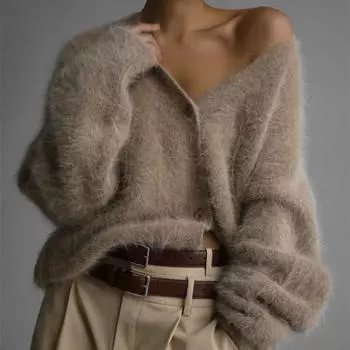 Элегантный свитер Hirsionsan с длинным рукавом для женщин 2024 года, новый однобортный женский повседневный кардиган, мягкая гибкая трикотажная верхняя одежда S чёрный