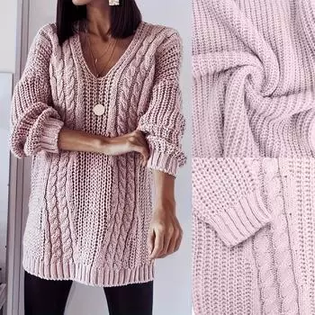 Элегантный свитер-пуловер с V-образным вырезом - мягкий, с длинным рукавом, вязаный, незаменимый предмет одежды на осень и весну - удобная женская одежда для пышных фигур 1XL розовый