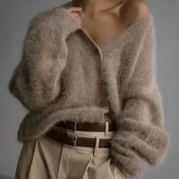 Элегантный свитер с длинным рукавом для женщин, новый однобортный женский повседневный кардиган, мягкая гибкая трикотажная верхняя одежда M бежевый