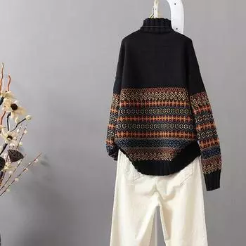 Элегантный свитер с геометрическим узором для женщин - длинный рукав, воротник-стойка из эластичной ткани, можно стирать в стиральной машине - идеально подходит для осени/зимы S синий