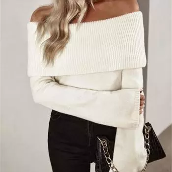 Элегантный свитер с открытыми плечами, вязаный свитер для женщин, осень-зима, облегающий, модный, сексуальный, с длинным рукавом, женские свитера, однотонный, с вырезом-лодочкой, трикотаж 25066 S чёрный