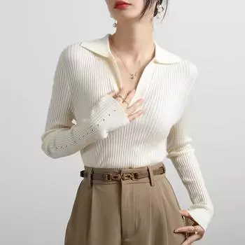 Элегантный свитер с воротником поло, вязаный свитер для женщин, осенний свитер с длинным рукавом и V-образным вырезом, женский свитер, зимний облегающий повседневный свободный женский трикотаж 24857 One Size белый