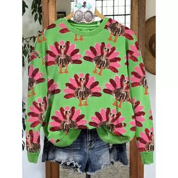 Элегантный свитшот с контрастным принтом индейки без пайеток S