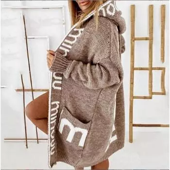 Элегантный свободный утолщенный женский свитер с открытым передом, длинный кардиган, осенне-зимний вязаный кардиган с капюшоном и принтом букв, средней длины S чёрный