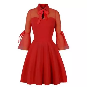 Элегантный темперамент ажурные рукава-фонарики сетчатые пэчворк повседневные платья XL красный