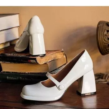 Элегантный темперамент на высоком каблуке, в стиле духов, с неглубоким носком, женские весенние туфли Мэри Джейн на толстом каблуке 35 белый