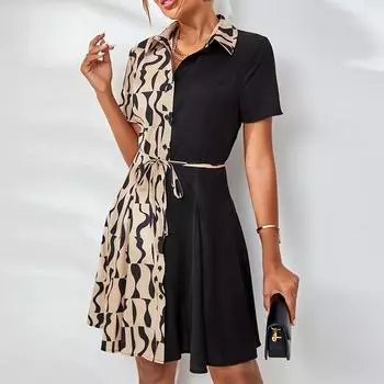 Элегантный темперамент платье с короткими рукавами облегающий кардиган с талией и юбкой средней длины S разноцветный