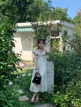 Элегантный темпераментный дизайн в корейском стиле с V-образным вырезом и оборками на талии, утягивающее однотонное платье трапециевидной формы S абрикосовый